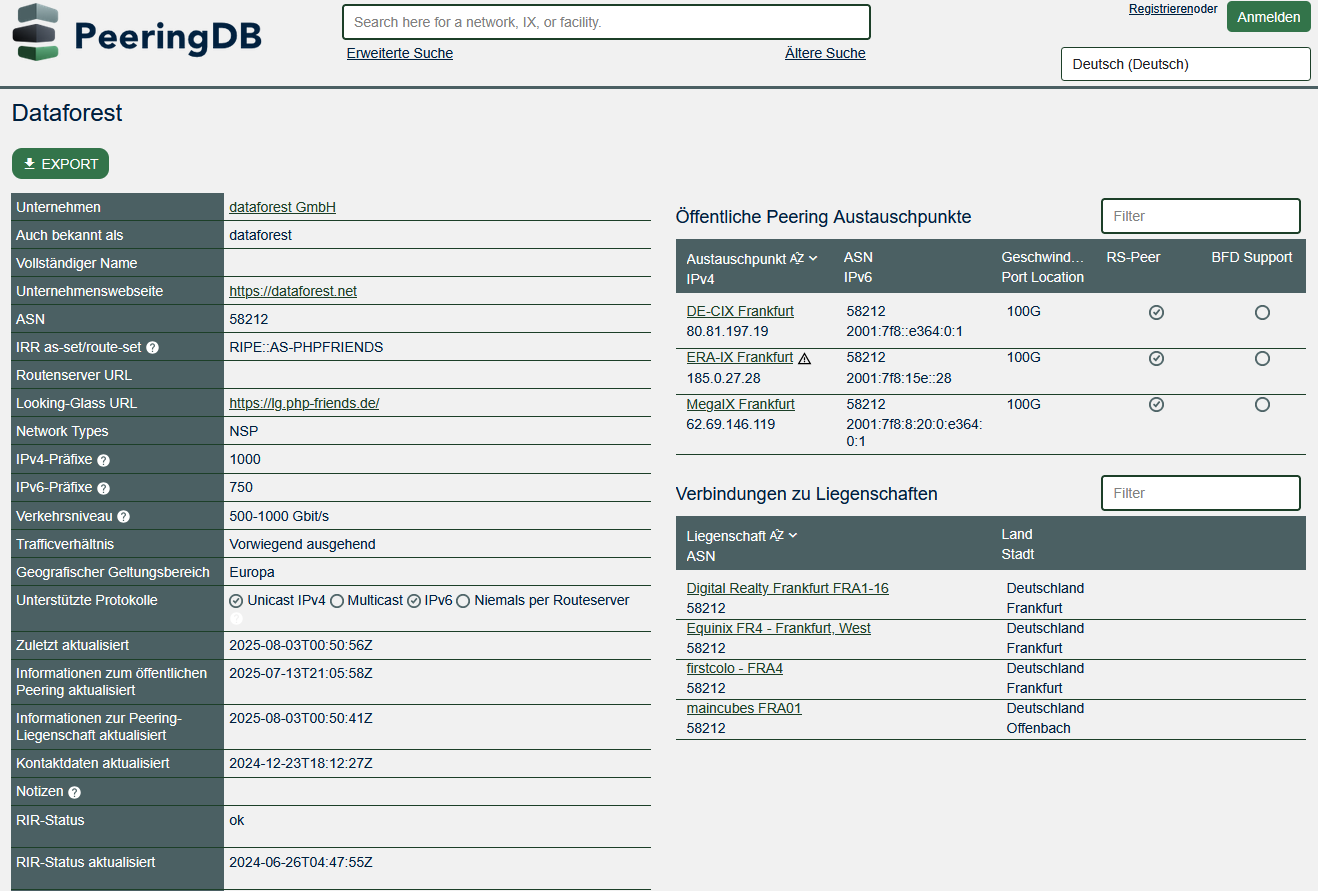 PeeringDB-Eintrag dataforest GmbH (AS58212), DE-Ansicht: IX-Präsenz DE-CIX/ERA-IX/MegaIX; Facilities Frankfurt/Offenbach