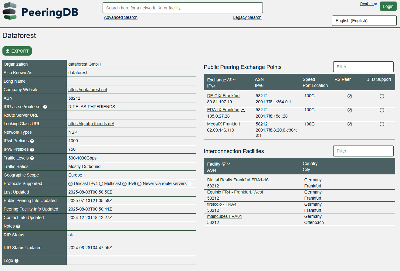 PeeringDB profile dataforest GmbH (AS58212), EN view: IX presence and Frankfurt/Offenbach facilities